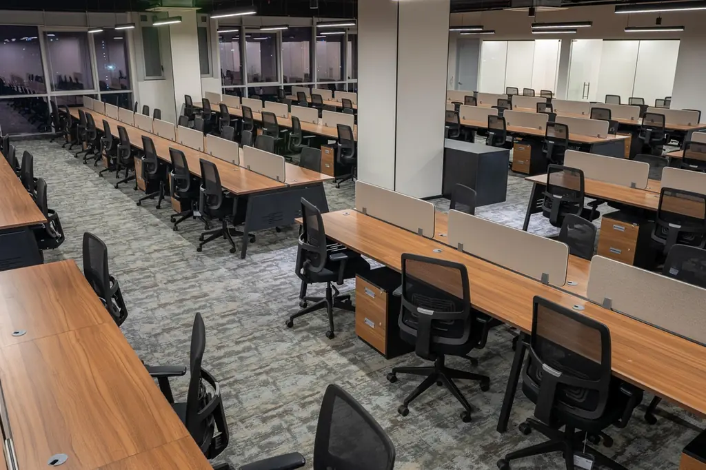 Open office with rows of workstations