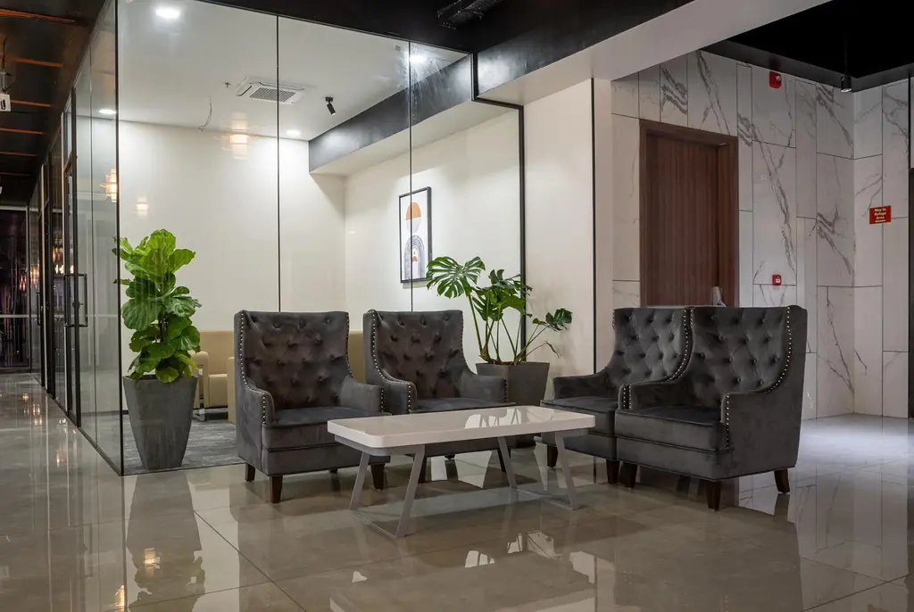 Office lobby with chesterfield seating