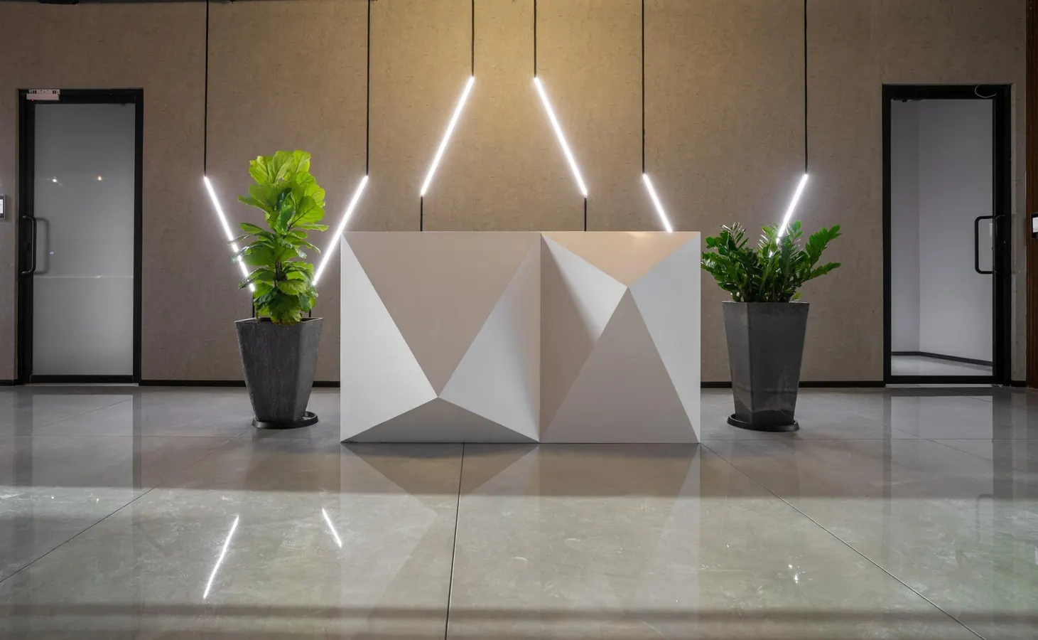 Corporate reception with sculptural lighting, BigBox office