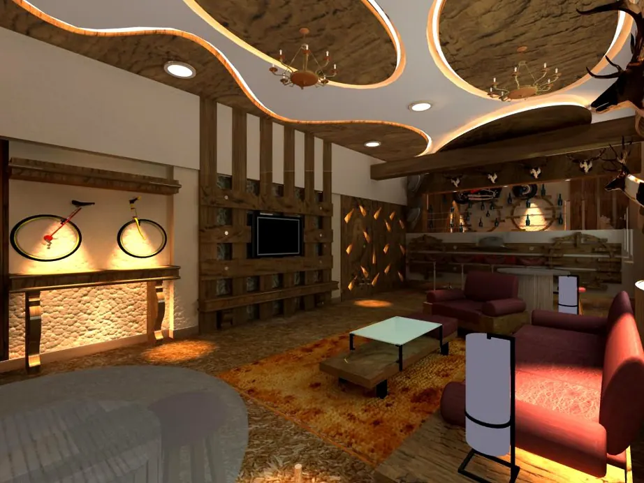 Creative restaurant interior with golden ring ceiling