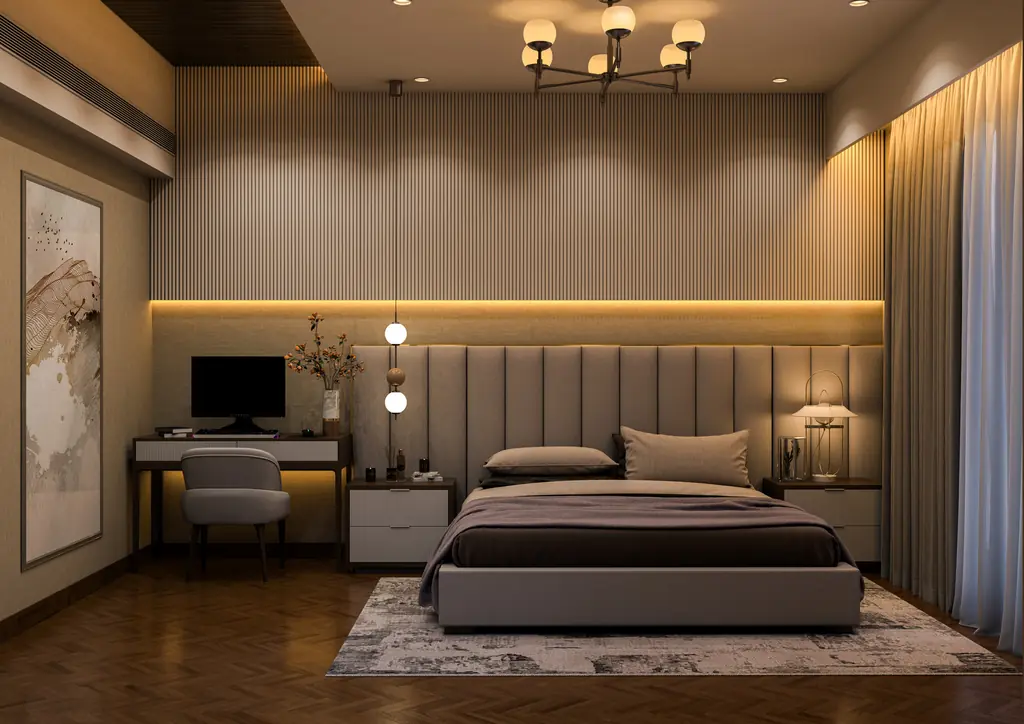 Bedroom TV wall with warm lighting