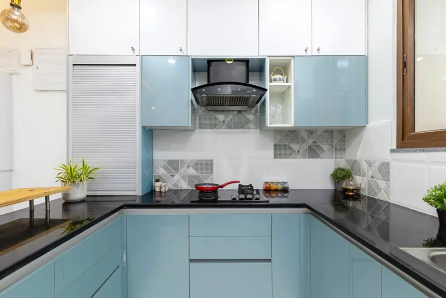Modular kitchen with black granite counter