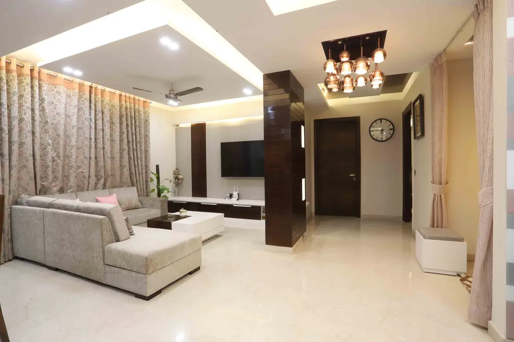 White living hall with coffered ceiling