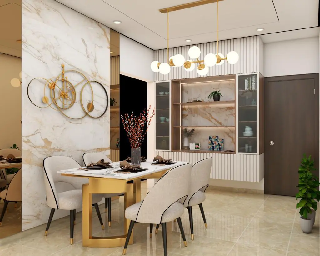 Dining space with marble feature wall