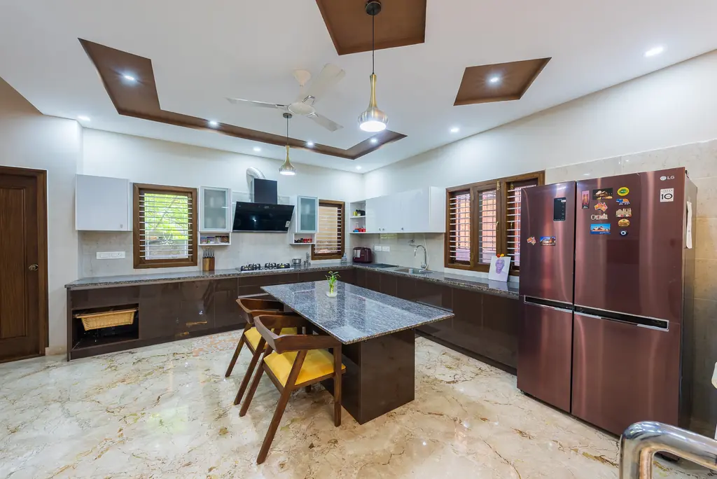 Island kitchen with coffered ceiling