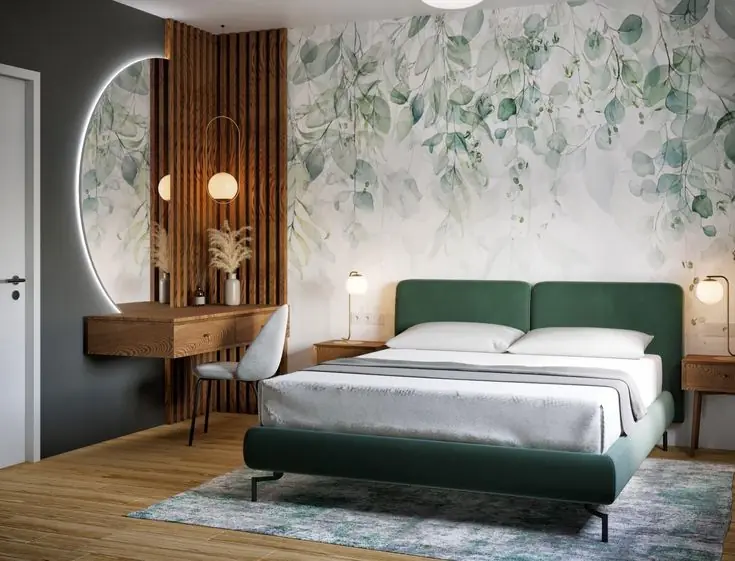 Bedroom with floral wallpaper