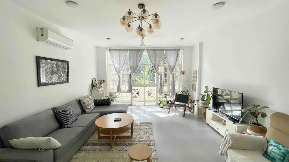 Wide grey living room